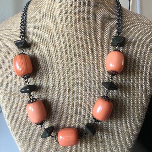 Bold Coral and Black Costume Jewelry Necklace with Adjustable Chain - Picture 1 of 3